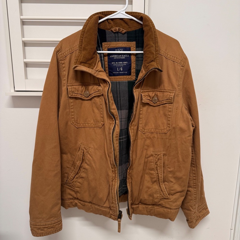 American Eagle Outfitters Mens Brown Canvas Work Jacket Plaid Lined Large